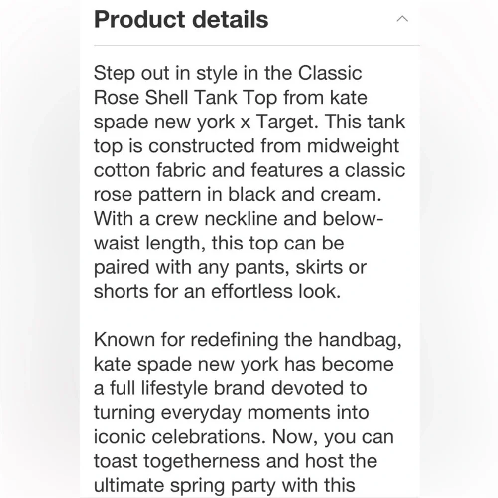 NWOT Kate Spade classic‎ rose shell tank top- black/white- size medium